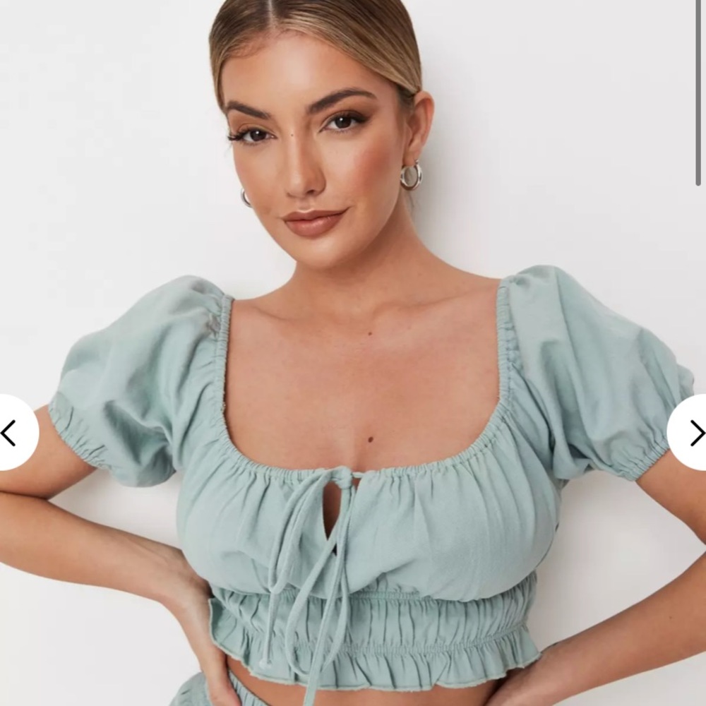 Sage Puff Sleeve Frill Top -NWT
